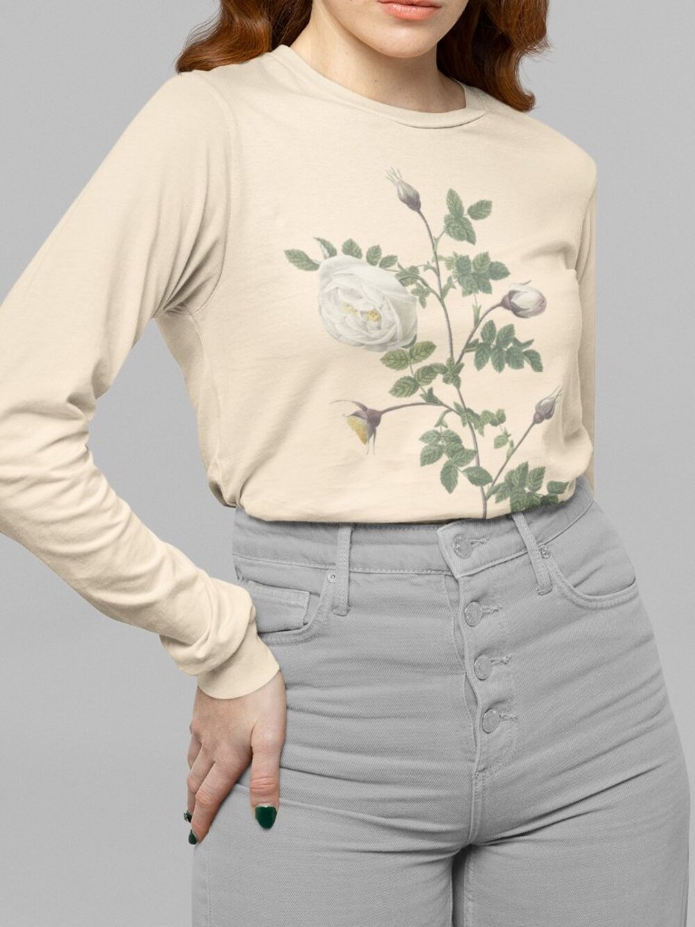 Rose Vintage Floral Print Long Sleeve Graphic Tee T-shirt S-XXL